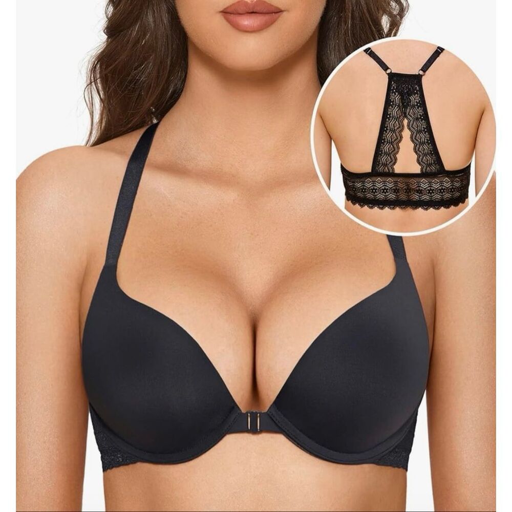 DOBREVA 38DD NWT Push Up Bra Racerback Front Closure Plunge black T-shirt Lace